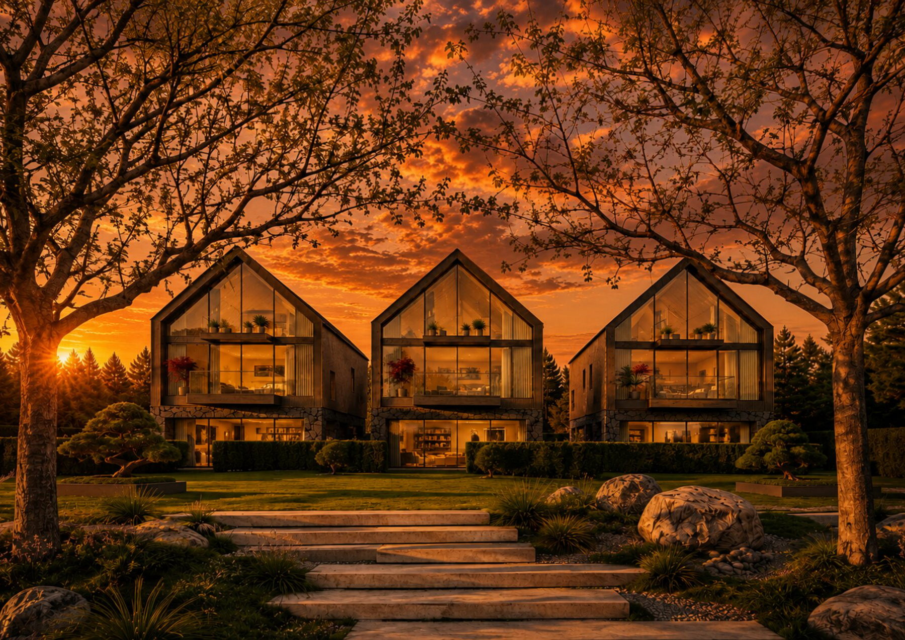 Les trois villas GANDOLES 5 au coucher du soleil, Choulex Genève
