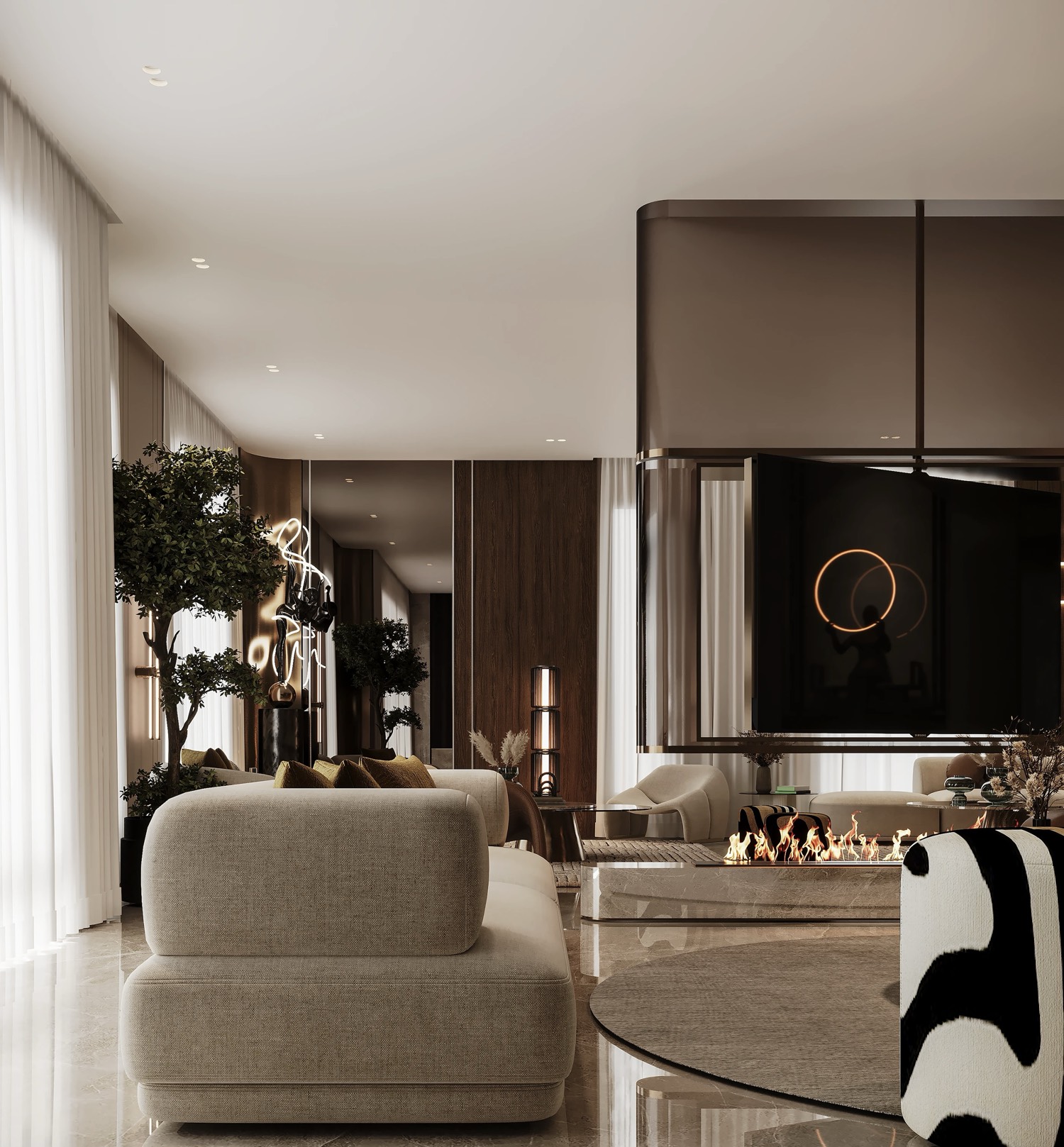 Villa I Onyx — Le feu, le soir — Choulex, Genève, Suisse