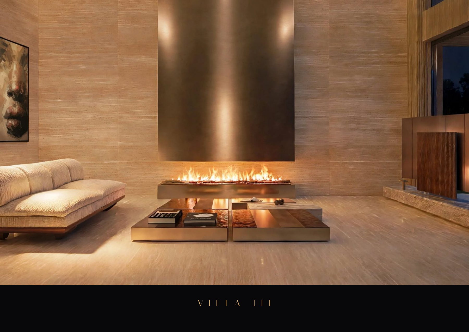 Villa III Travertin — Salon — travertin et foyer suspendu — Choulex, Genève, Suisse